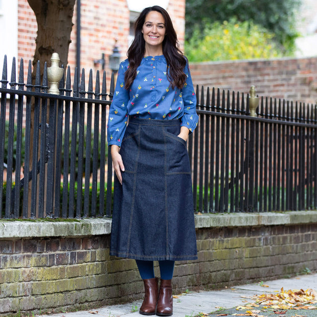 Woman in allington denim skirt