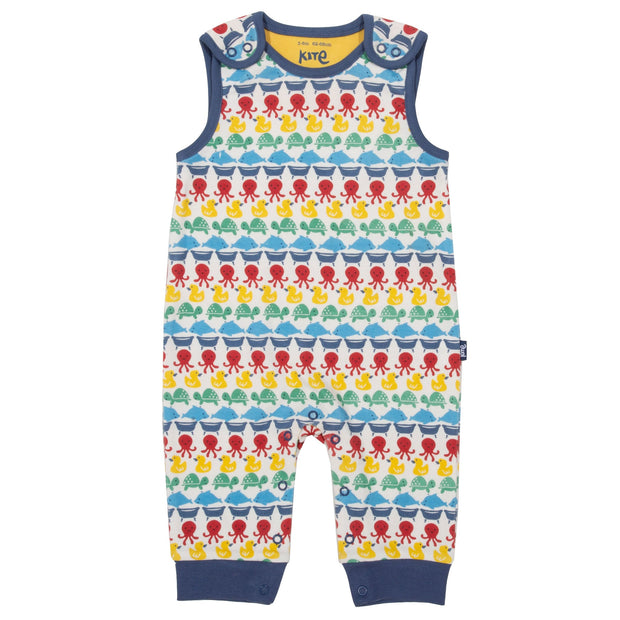 Flat shot of splash stripe dungarees