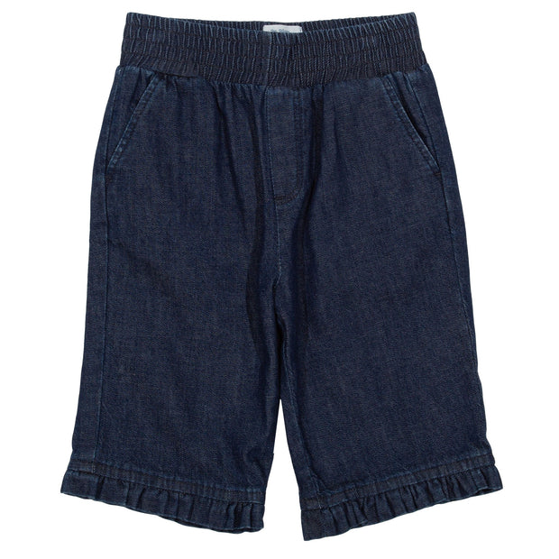 Flat shot of rainbow denim crops