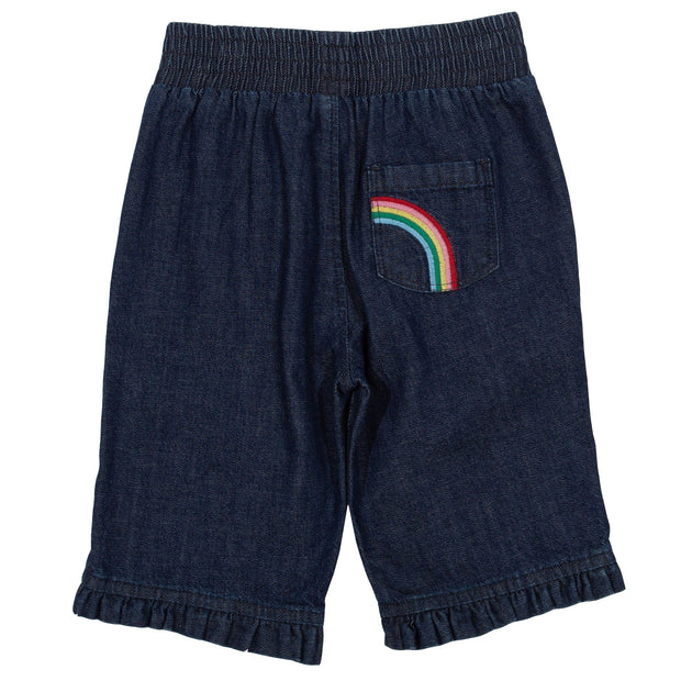 Flat shot of rainbow denim crops