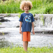 Boy in side stripe shorts