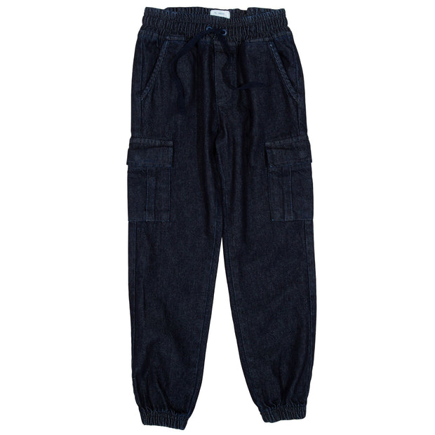 Flat shot of denim utility pull ons