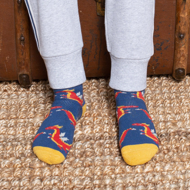 Boy in dragon cosy socks