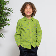 Boy in polka rainbow shirt
