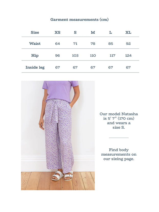 Kite - Womens organic Melbury muslin trousers Daisy Bell purple - All-over print - Elasticated waistband across back