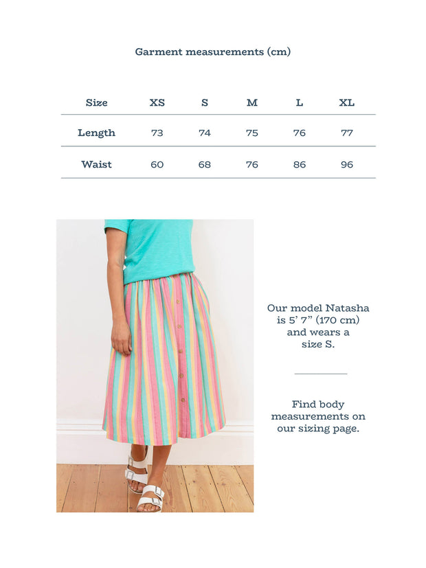 Kite - Womens organic Mudeford button front midi skirt - Yarn dyed stripe - Mid-calf length