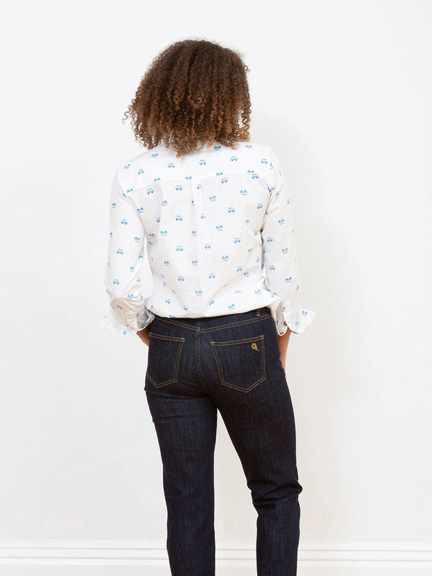 Kite - Womens organic Wimborne poplin shirt cream - Camper van all-over print - Coconut button fastening