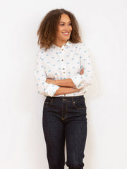 Kite - Womens organic Wimborne poplin shirt cream - Camper van all-over print - Coconut button fastening