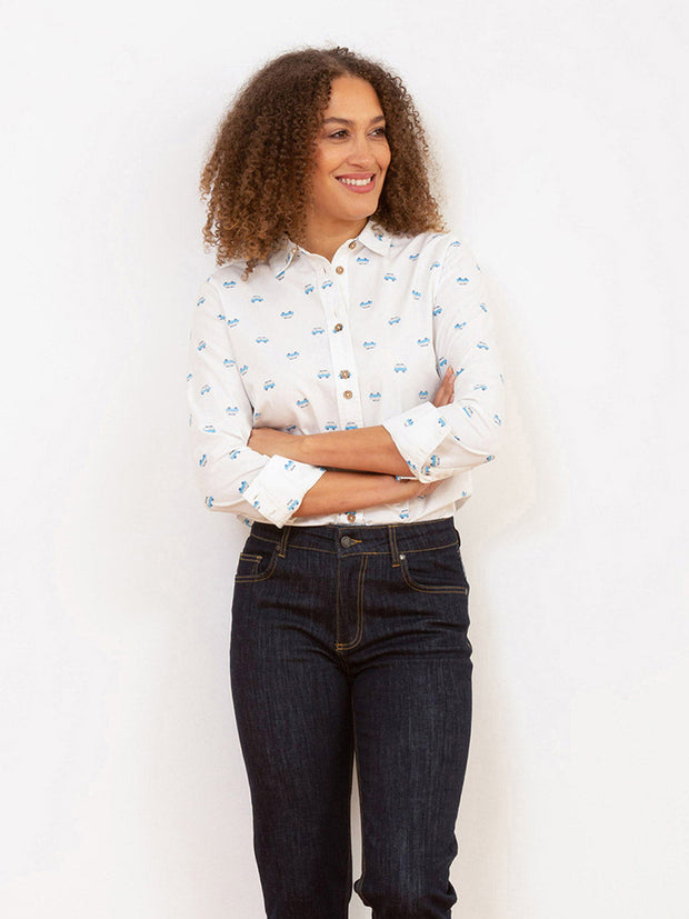 Kite - Womens organic Wimborne poplin shirt cream - Camper van all-over print - Coconut button fastening