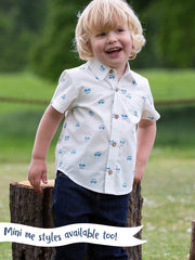 Kite - Womens organic Wimborne poplin shirt cream - Camper van all-over print - Coconut button fastening