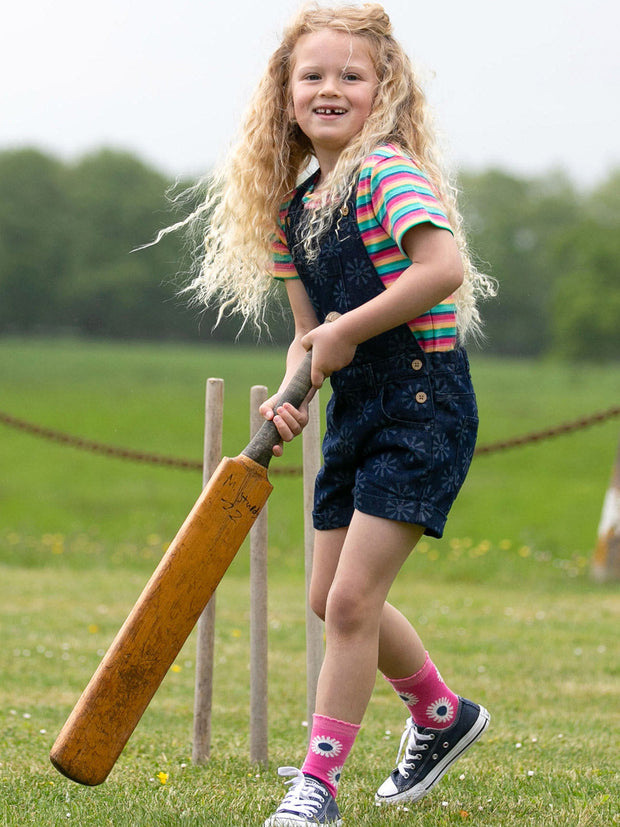 Kite - Girls organic smiley sun dungarees navy blue - Light navy etched design - Adjustable straps with coconut buttons