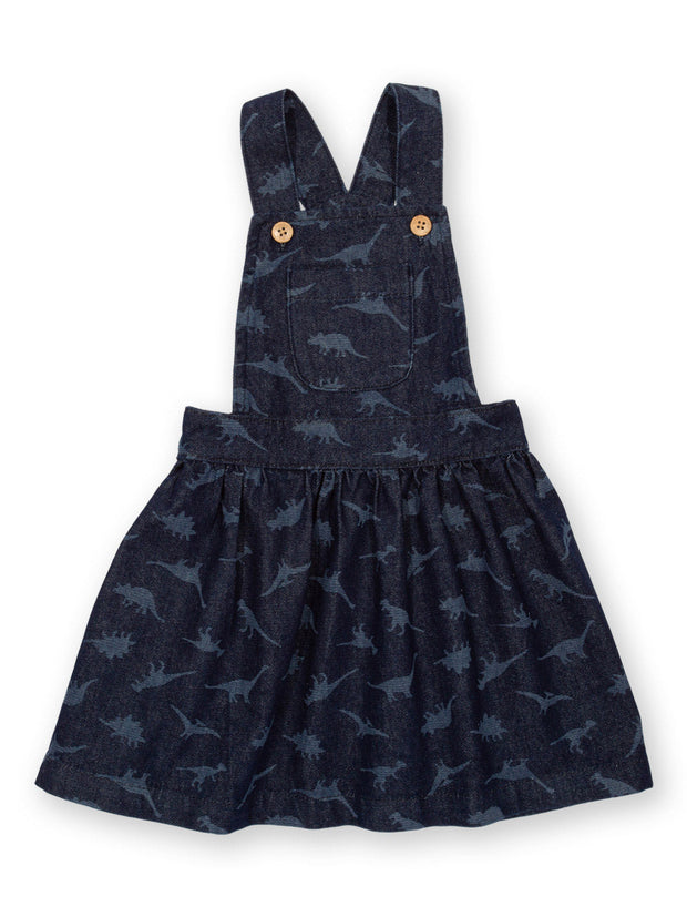 Kite - Girls organic dino denim pinafore navy blue - Light navy etched design - Adjustable straps with coconut buttons