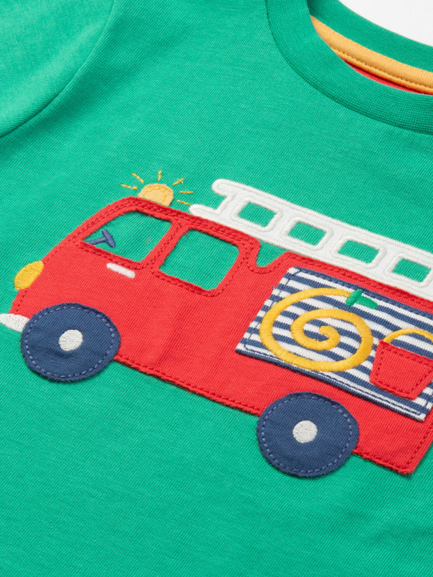 Kite - Boys organic fire engine t-shirt green - Appliqué design - Short sleeved