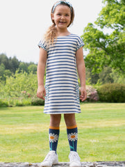 Kite - Girls organic Durdle Door dress - Yarn dyed stripe - Short sleeves with contrast daisy fields turn ups