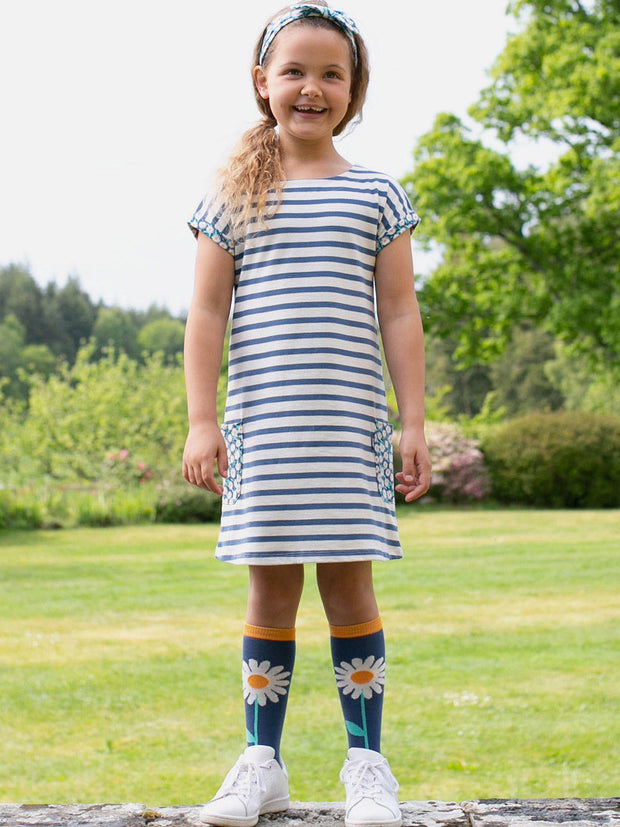 Kite - Girls organic Durdle Door dress - Yarn dyed stripe - Short sleeves with contrast daisy fields turn ups
