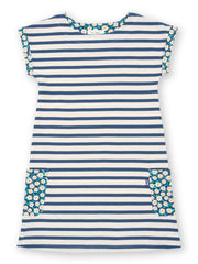 Kite - Girls organic Durdle Door dress - Yarn dyed stripe - Short sleeves with contrast daisy fields turn ups