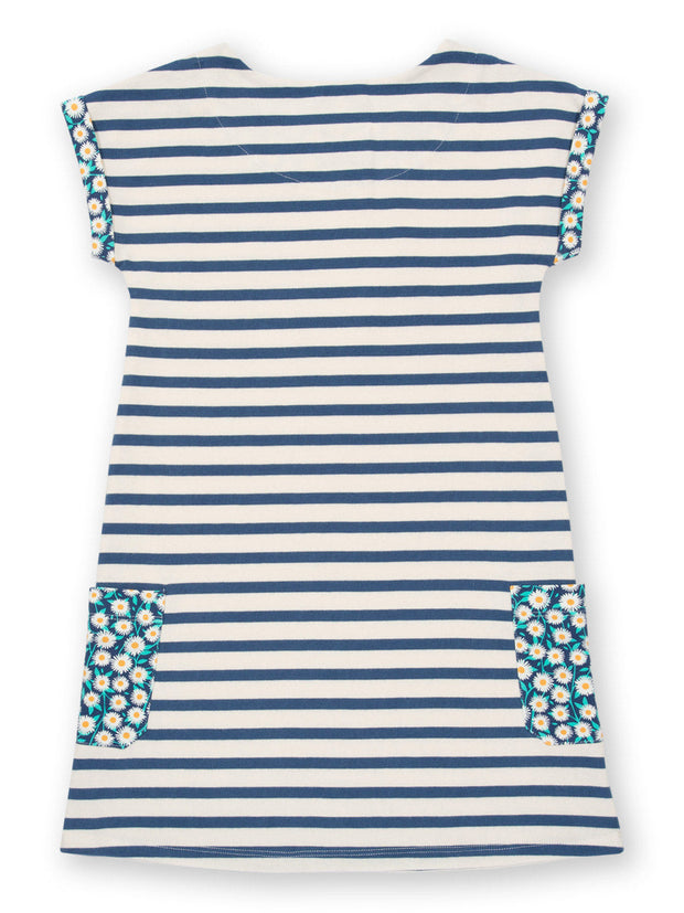 Kite - Girls organic Durdle Door dress - Yarn dyed stripe - Short sleeves with contrast daisy fields turn ups
