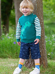 Kite - Boys organic dino denim shorts navy blue - Light navy etched design - Elasticated waistband with adjustable ties