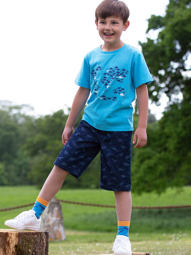 Kite - Boys organic dino denim shorts navy blue - Light navy etched design - Elasticated waistband with adjustable ties