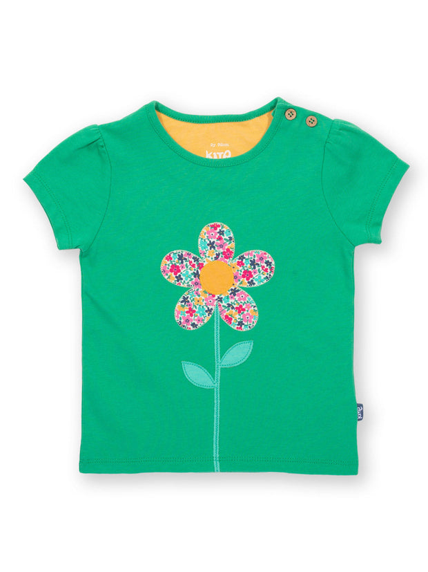 Kite - Girls organic flower t-shirt green - Appliqué design - Short sleeved