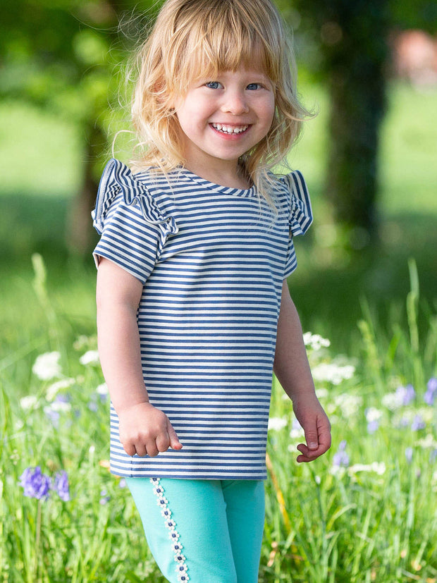 Kite - Girls organic flutterby t-shirt navy - Yarn dyed stripe - Short sleeves with frill detail