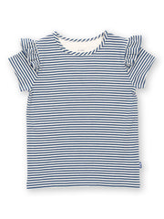 Kite - Girls organic flutterby t-shirt navy - Yarn dyed stripe - Short sleeves with frill detail