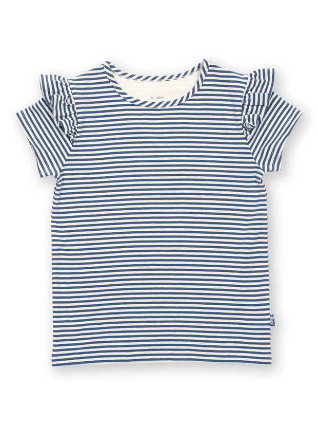 Kite - Girls organic flutterby t-shirt navy - Yarn dyed stripe - Short sleeves with frill detail