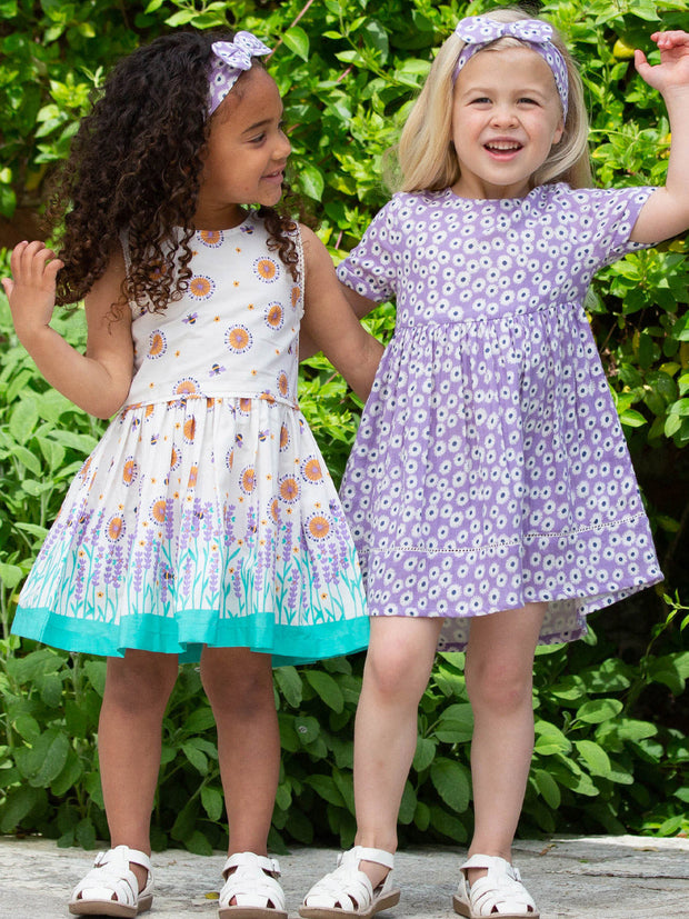 Kite - Girls organic lavender love dress cream - Border print - Sleeveless