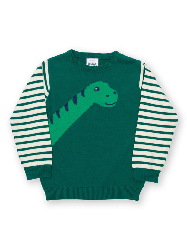 Kite - Boys organic dino jumper green - Intarsia design - Lightweight knitwear