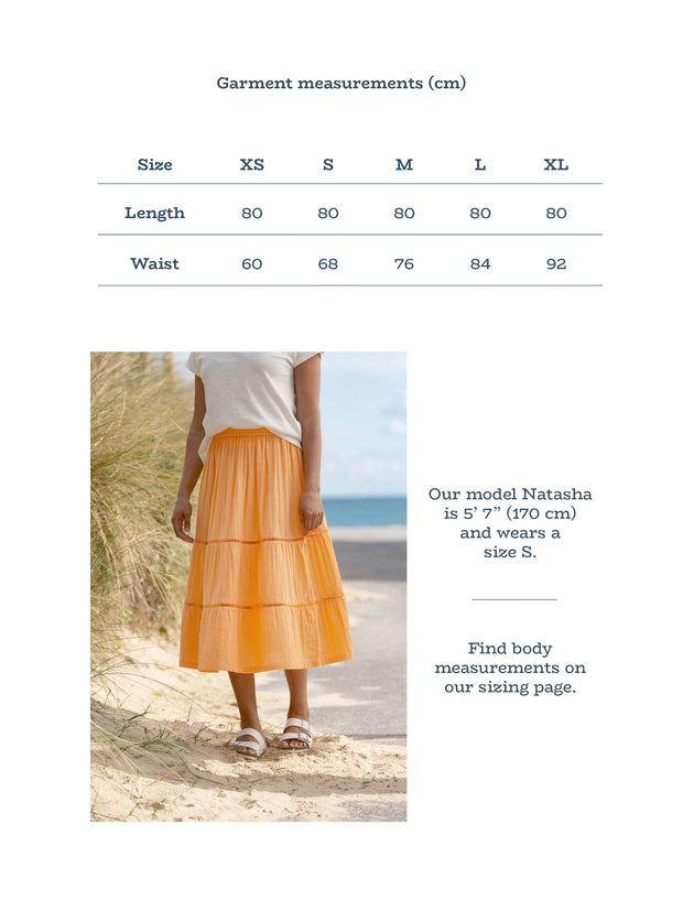 Kite - Womens organic Chickerell tiered muslin skirt yellow - Mid-calf length