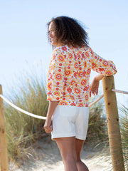 Kite - Womens organic Ashmore poplin shirt orange - Groovy floral all-over print - 3/4 sleeves