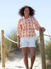 Kite - Womens organic Ashmore poplin shirt orange - Groovy floral all-over print - 3/4 sleeves