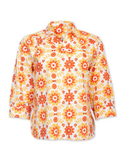 Kite - Womens organic Ashmore poplin shirt orange - Groovy floral all-over print - 3/4 sleeves