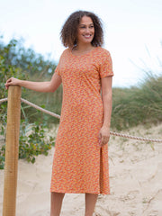 Kite - Womens organic Thornicombe jersey t-shirt dress petal perfume orange - All-over print - Mid-calf length