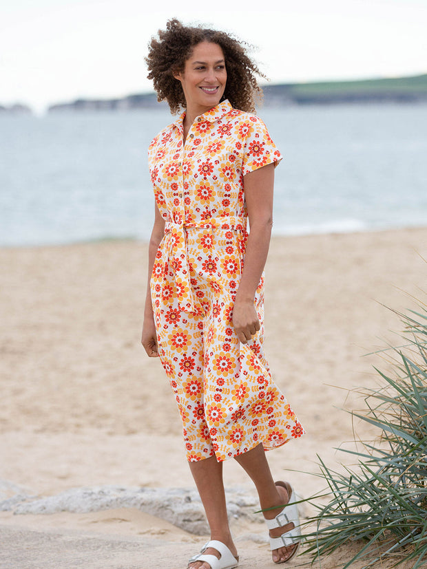 Kite - Womens organic Charlton poplin shirt dress orange - Groovy floral all-over print - Mid-calf length