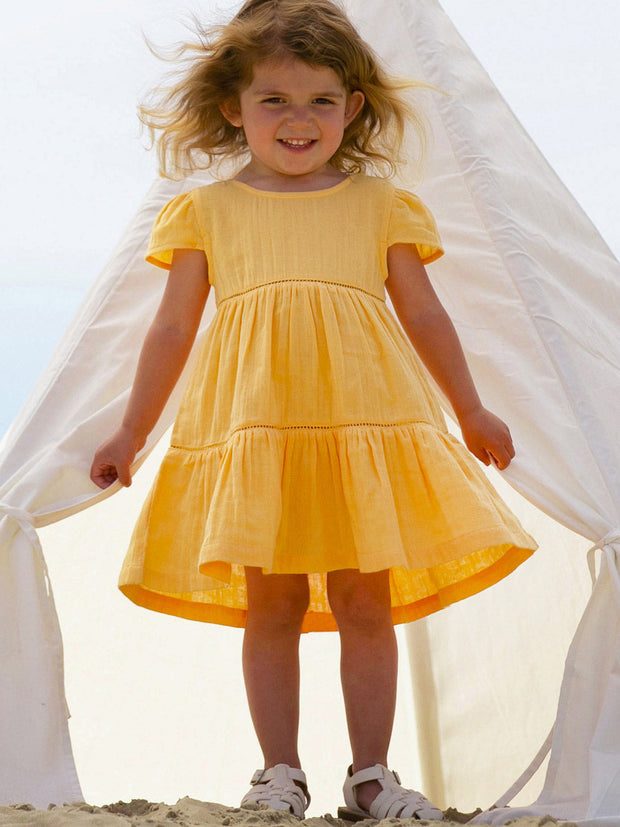 Kite - Girls organic sunshine dress yellow - Double layer muslin - Short sleeves with gathers