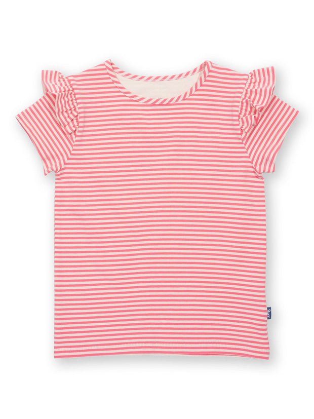 Kite - Girls organic flutterby t-shirt pink - Yarn dyed stripe - Short sleeves with frill detail