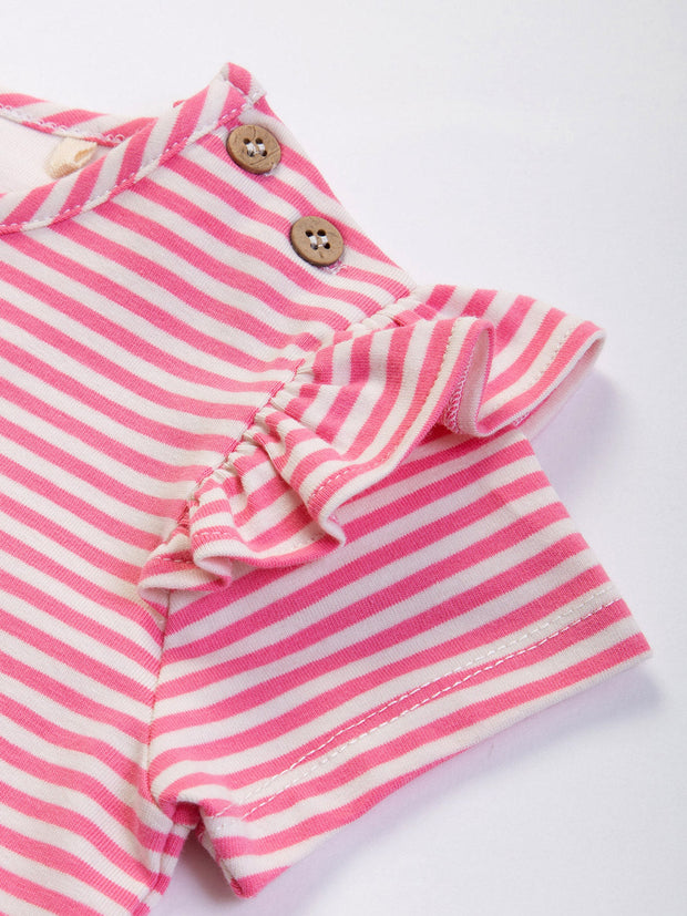 Kite - Girls organic flutterby t-shirt pink - Yarn dyed stripe - Short sleeves with frill detail