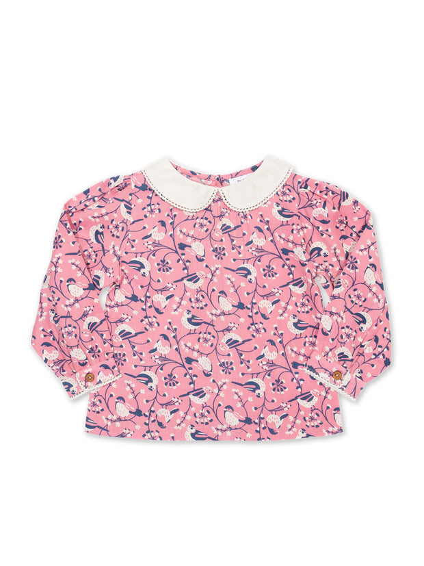Kite - Girls organic cotton garden birds blouse pink - Long sleeved