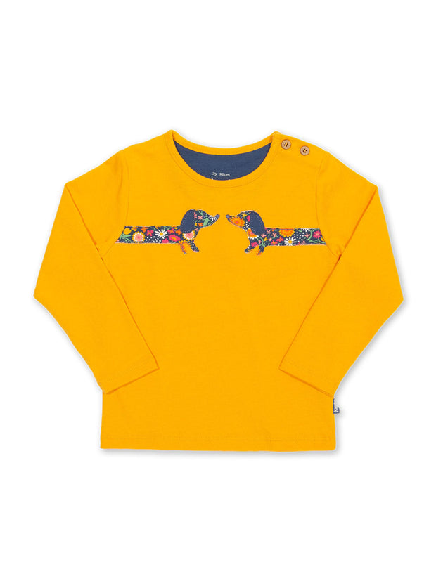 Kite - Girls organic cotton silly sausage t-shirt yellow - Appliqué design - Long sleeved