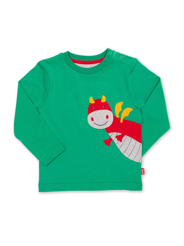 Kite - Boys organic cotton happy dragon t-shirt green - Appliqué design - Long sleeved