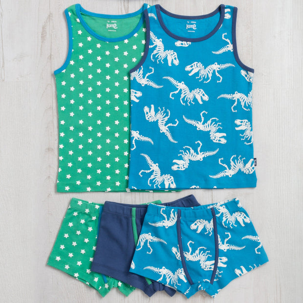 Boy in 3 pack t-rex trunks