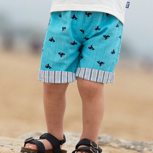 Boy in wonder whale shorts