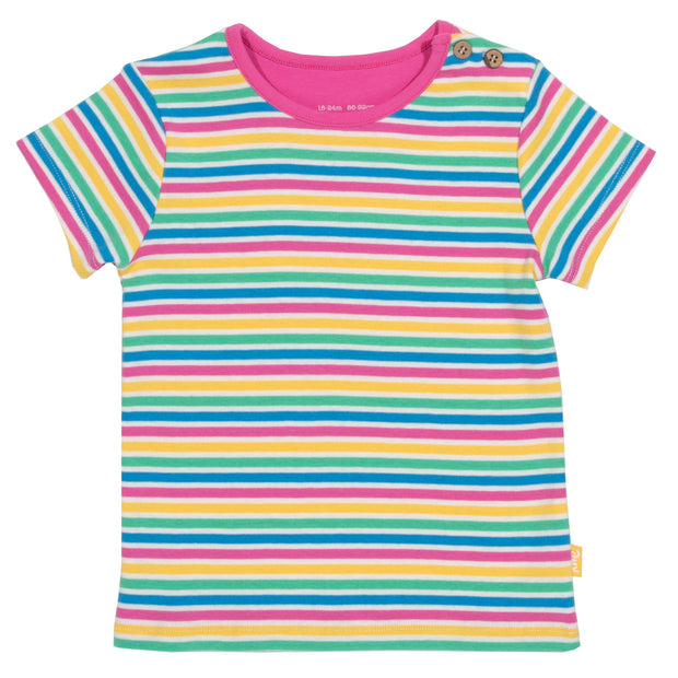 Girl in mini bright stripe t-shirt