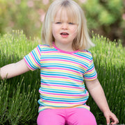 Girl in mini bright stripe t-shirt