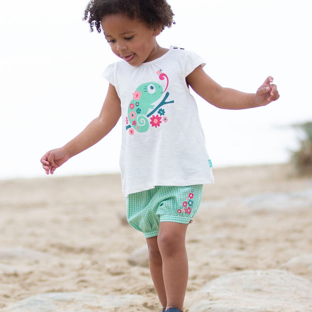 Girl in gingham bloomers